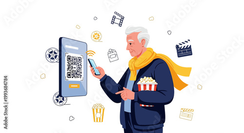 Elderly man uses smartphone to scan qr code for movie ticket purchase experience