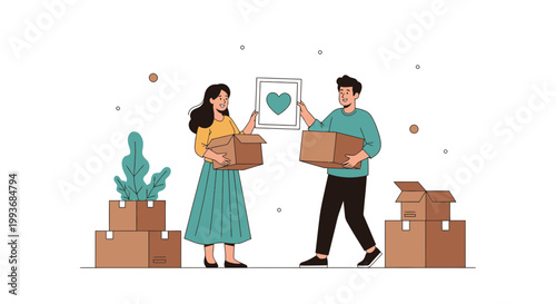 Couple Moving House Holding Heart Artwork Boxes Cardboard