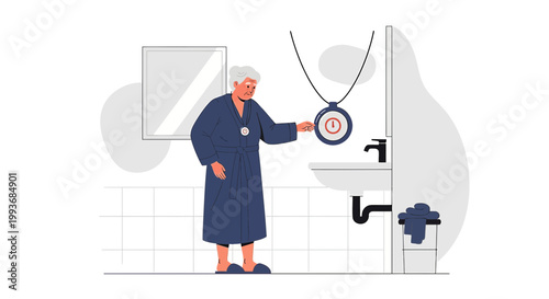 Elderly woman activating personal emergency response system in bathroom for safety assistance