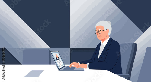 Elderly professional working remotely using laptop in modern office setup focused on work