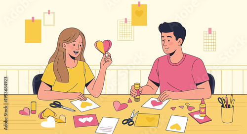 Couple making heart crafts, creative DIY activity, romantic illustration