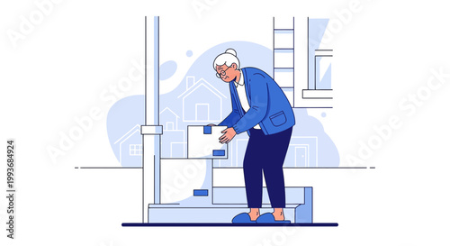 Elderly woman carefully carrying a cardboard box up the stairs in her house, demonstrating care
