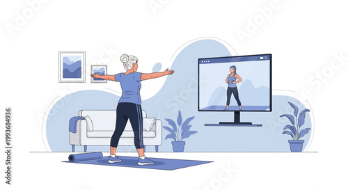 Elderly woman exercising at home following an online fitness class for health and well being