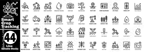 Smart crop tracking line icons. Featuring agriculture technology and farming management systems featuring sensor probes, field stations, and satellite observation data.