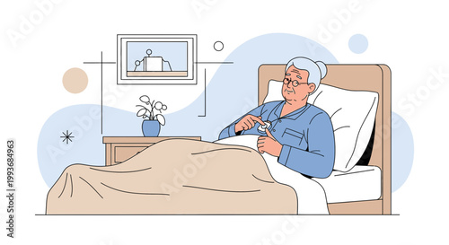 Elderly Woman in Bed Taking Medication in a Serene Bedroom Scene with Family Portrait