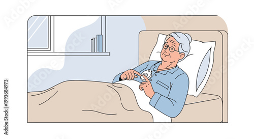 Elderly woman in bed using a medical alert pendant with window and soft light providing comfort