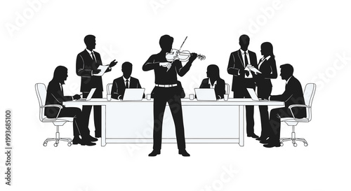 A group of professionals in a meeting with a violinist taking center stage captured as a striking silhouette high quality professional