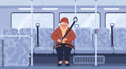 Elderly Woman Safely Secured with a Seatbelt on Public Transportation within a Bus Interior