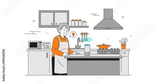 Elderly woman using a smart speaker for cooking in a modern kitchen setting