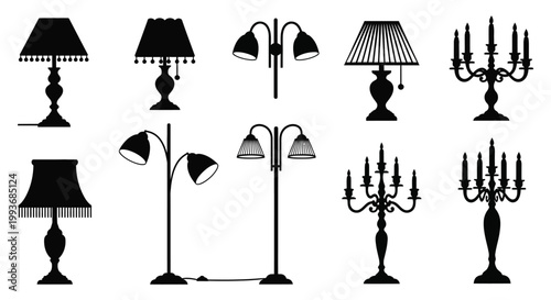 A collection of various lamp designs including table and floor lamps presented in a striking black silhouette high quality professional detailed