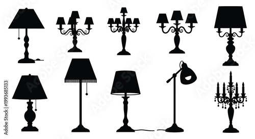A collection of various lamp designs ranging from table lamps to chandeliers presented in a stark silhouette high quality professional detailed