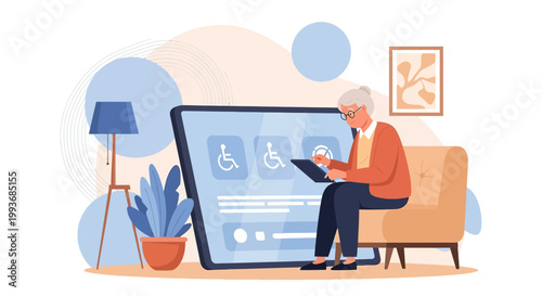 Elderly woman using digital tablet accessing accessibility options for online services