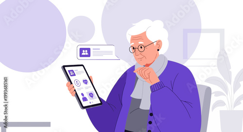 Elderly woman using digital tablet for social connection and healthcare monitoring with mobile