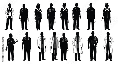 A collection of healthcare professionals in uniform including doctors and nurses displayed as a striking silhouette high quality professional detailed modern