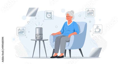 Elderly woman using smart speaker for daily reminders and information assistance