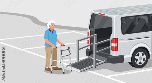 Elderly woman with walker accessing accessible van ramp in parking lot illustration