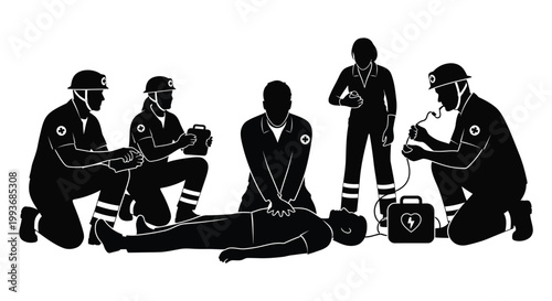Emergency medical team providing aid to a patient on the ground depicted in a striking black silhouette high quality professional detailed