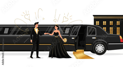 Elegant Couple Arriving in Limousine for Wedding Celebration