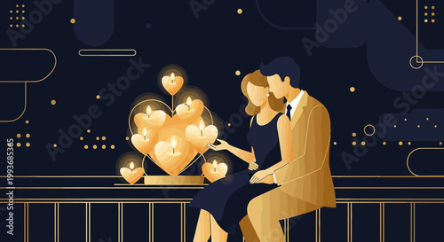 Elegant Couple Admiring Heart-Shaped Candle Display at Night