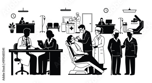 A busy medical office scene depicts doctors nurses and patients in a clinic setting presented as a silhouette high quality professional