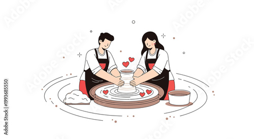 Couple Making Pottery Together Sculpture Hearts Romantic Love Illustration