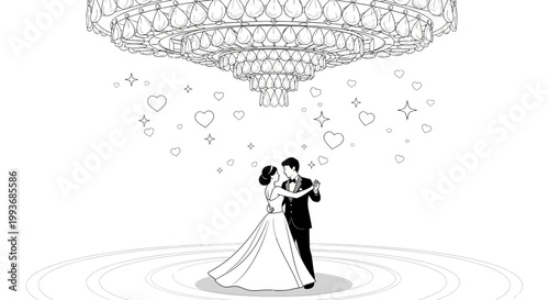 Elegant Couple Dancing Under Chandelier - Wedding, Romance, Love Illustration