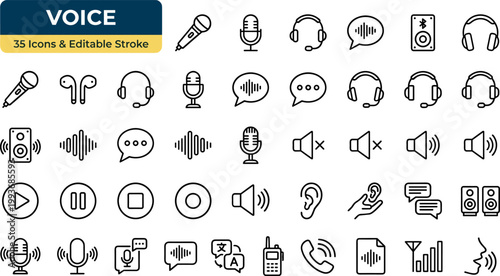 A set of 35 outline style icons depicting various voice and audio related symbols, including microphones, headphones, speakers, and play buttons in a detailed design