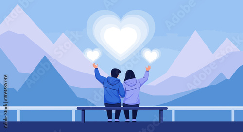 Couple on Bench Holding Hearts, Romantic Mountain Landscape