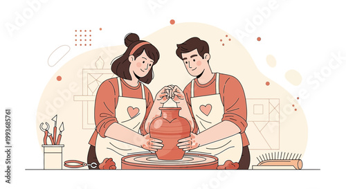 Couple Making Pottery Together, Romantic Hobby Illustration