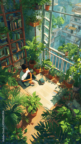 A person sitting on a balcony floor surrounded by many green indoor plants and books.