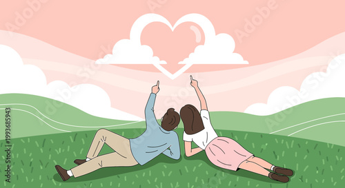 Couple lying on grass pointing at heart cloud, love, romance, connection