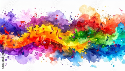 Colorful abstract wave of rainbow hues with musical notes flowing