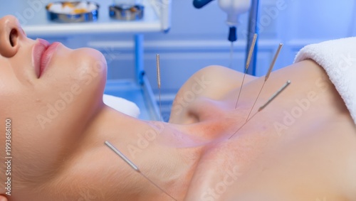 A woman receives acupuncture treatment to alleviate stomach pain in a medical setting with needles inserted into her neck and chest