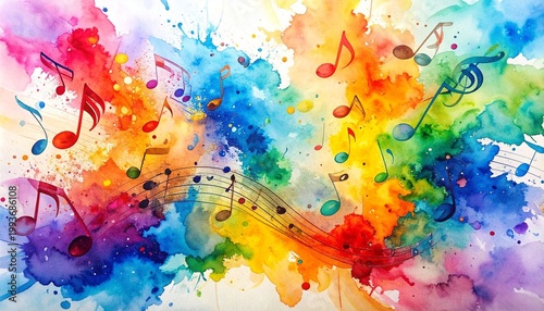 Colorful abstract wave of rainbow hues with musical notes flowing