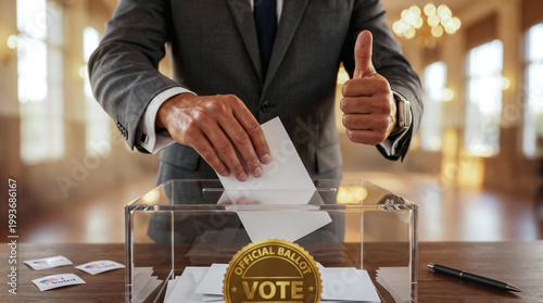 man in a business suit drops a ballot into a ballot box, the importance of elections and voting, a poster reminding people about elections