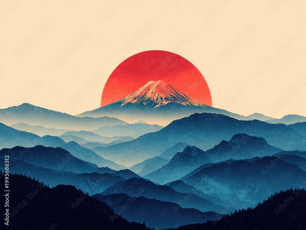 Fototapeta premium Serene Japanese landscape. Multi-layered mountains in blues, central Mt. Fuji with a large, clean red sun behind it