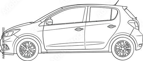 Outline illustration of a compact hatchback car viewed from the side, showcasing its modern design and automotive features