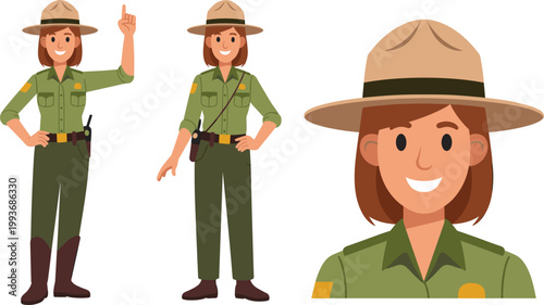 Female park ranger cartoon character in uniform posing confidently in friendly illustration style