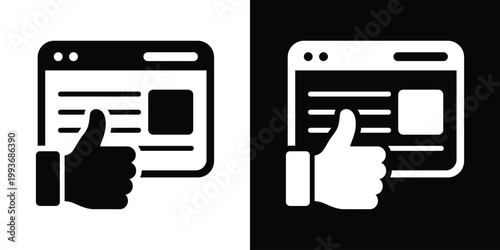 Browser window displaying content lines and a thumbs up icon. Concept for liked articles, blog posts, reviews, or positive feedback in web design. Simple, professional flat vector graphic.