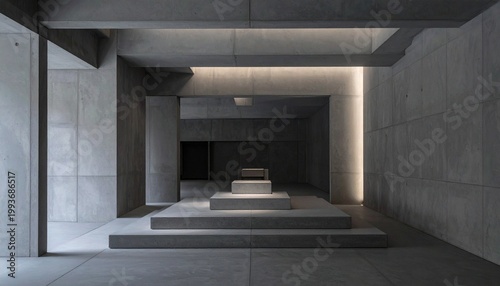 Minimalist concrete interior with tiered platform and recessed wall lighting