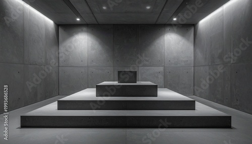 Minimalist concrete interior with tiered platform and recessed wall lighting