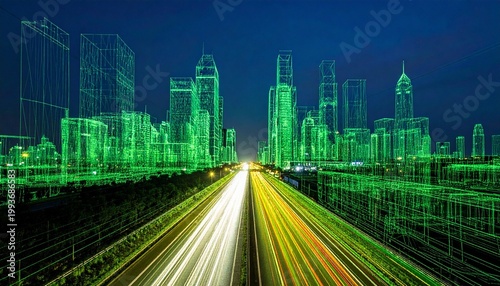 Futuristic wireframe cityscape with highway light trails at night