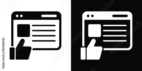 Browser window displaying content lines and a thumbs up icon. Concept for liked articles, blog posts, reviews, or positive feedback in web design. Simple, professional flat vector graphic.