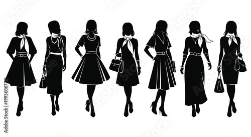 A collection of fashionable women in varying outfits and poses are depicted in a striking black silhouette high quality professional detailed