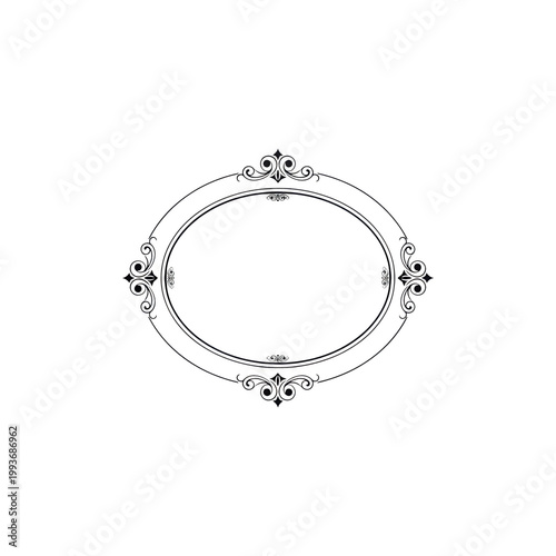 Elegant oval picture frame with intricate black filigree scrollwork at corners and sides on solid white background, vector graphic classic luxury atmosphere