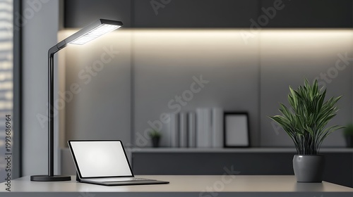 Modern office workspace with laptop and lamp on a desk