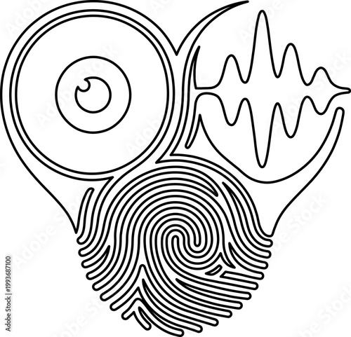 Outline multimodal biometric icon with eye fingerprint and voice waves for secure login