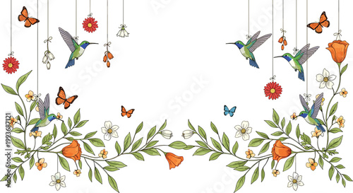 Artistic Vector Illustration Set of Hummingbirds and Butterflies with Hanging Flowers Featuring Vibrant Birds Flying Amidst Blooming Roses and Lush Decorative Floral Vine Borders