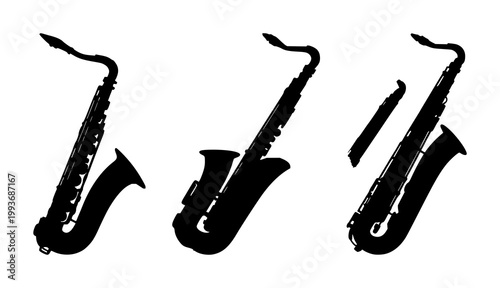 Saxophone set with black silhouette on white background featuring saxophone, musical instrument, brass with acoustic and iconography
