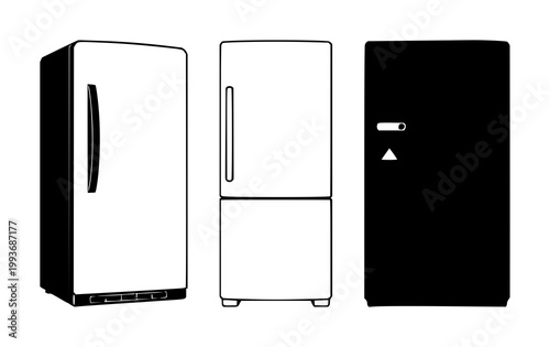 Refrigerator set with black silhouette on white background featuring appliance, kitchen, household with cooling and storage.
